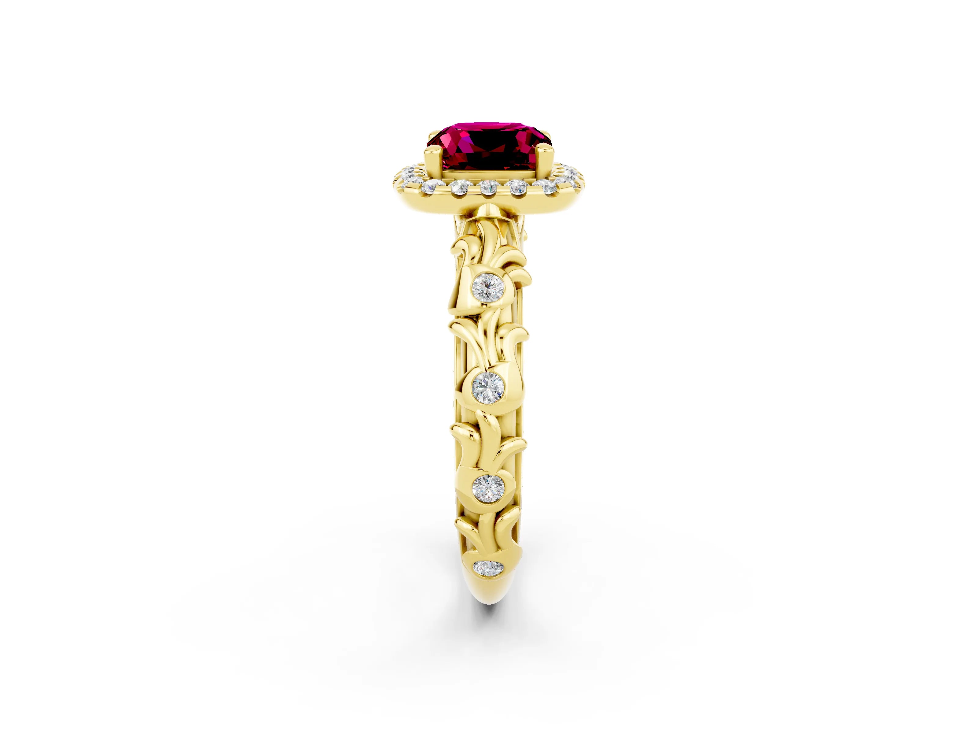 Yellow gold Cushion Cut Halo Diamond Solitaire with Filigree Band and Four-Prong Setting_2