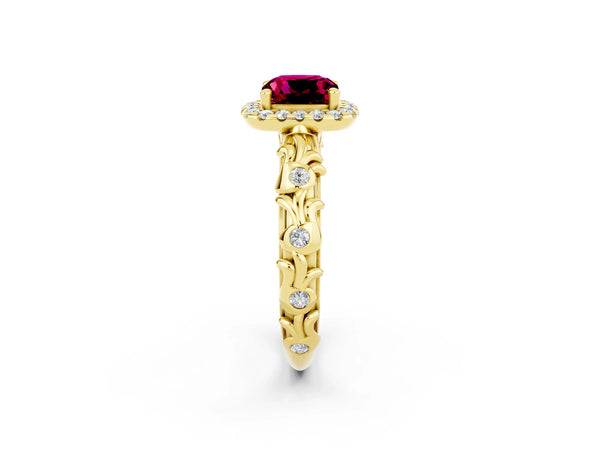 Yellow gold Cushion Cut Garnet Halo Ring with Filigree Band and Prong Setting