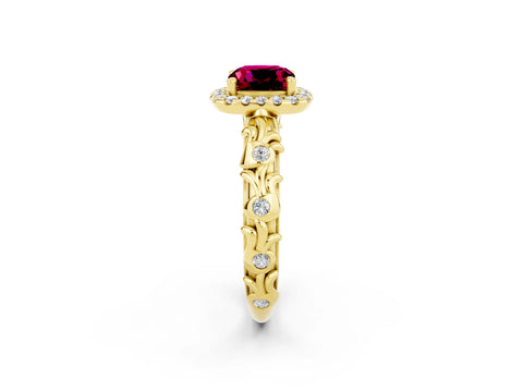 Yellow gold Cushion Cut Halo Diamond Solitaire with Filigree Band and Four-Prong Setting_2