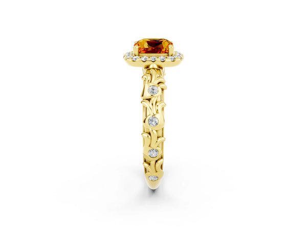 Yellow gold Cushion Cut Citrine Halo Ring with Filigree Band and Prong Setting