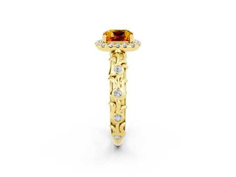 Yellow gold Cushion Cut Halo Diamond Solitaire with Filigree Band and Four-Prong Setting_2