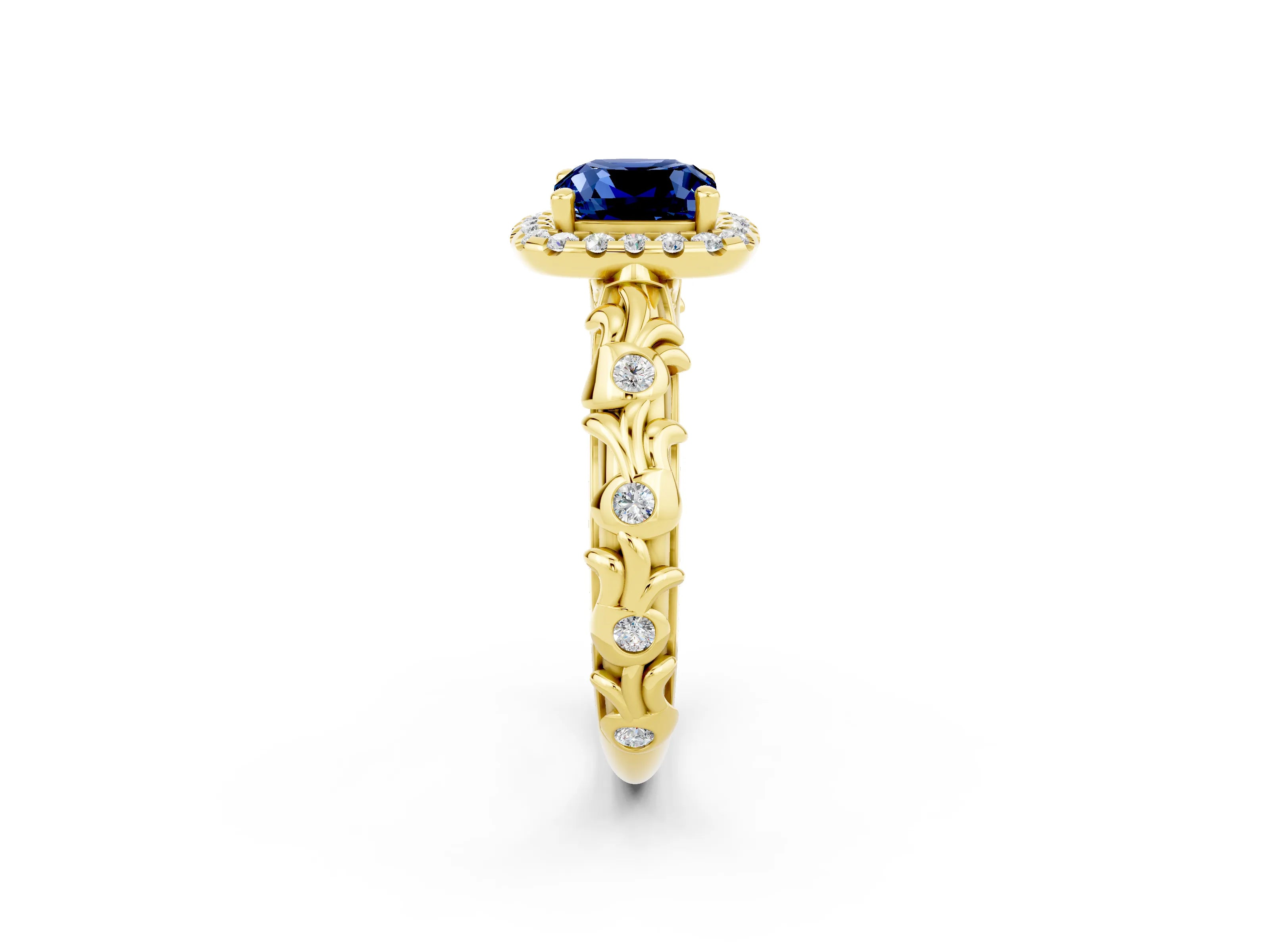 Yellow gold Cushion Cut Halo Diamond Solitaire with Filigree Band and Four-Prong Setting_2