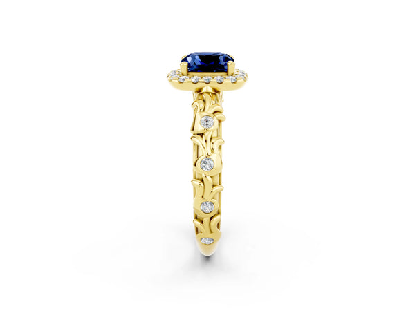 Yellow gold Cushion Cut Blue Sapphire Halo Ring with Filigree Band and Prong Setting