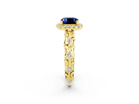 Yellow gold Cushion Cut Halo Diamond Solitaire with Filigree Band and Four-Prong Setting_2