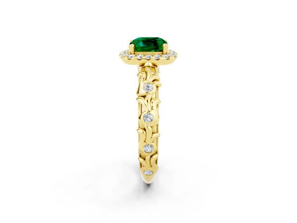 Yellow gold Cushion Cut Emerald Halo Ring with Filigree Band and Prong Setting