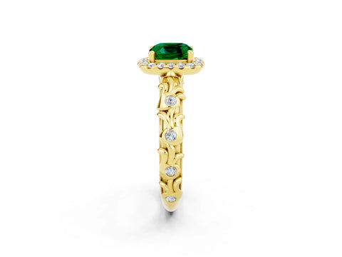 Yellow gold Cushion Cut Halo Diamond Solitaire with Filigree Band and Four-Prong Setting_2