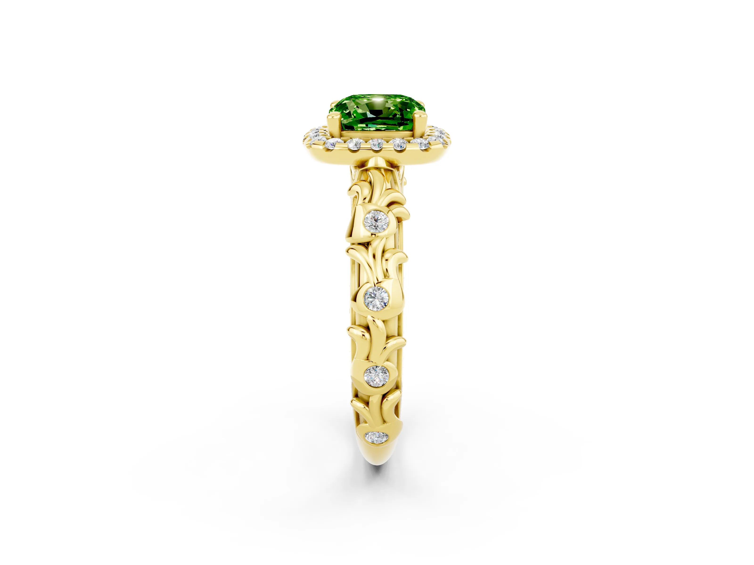 Yellow gold Cushion Cut Halo Diamond Solitaire with Filigree Band and Four-Prong Setting_2