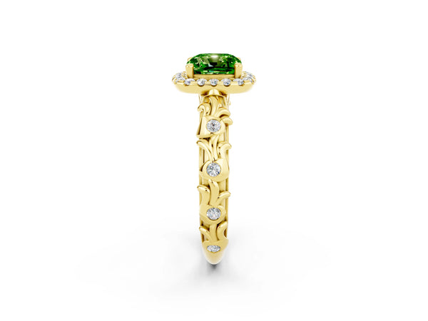 Yellow gold Cushion Cut Peridot Halo Ring with Filigree Band and Prong Setting