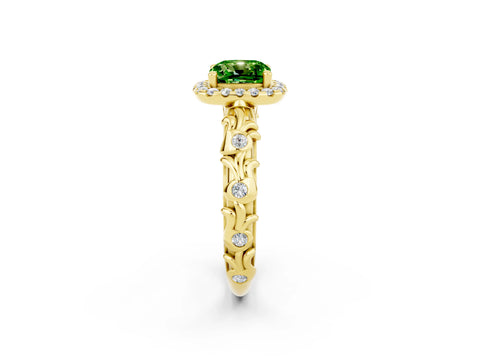 Yellow gold Cushion Cut Halo Diamond Solitaire with Filigree Band and Four-Prong Setting_2