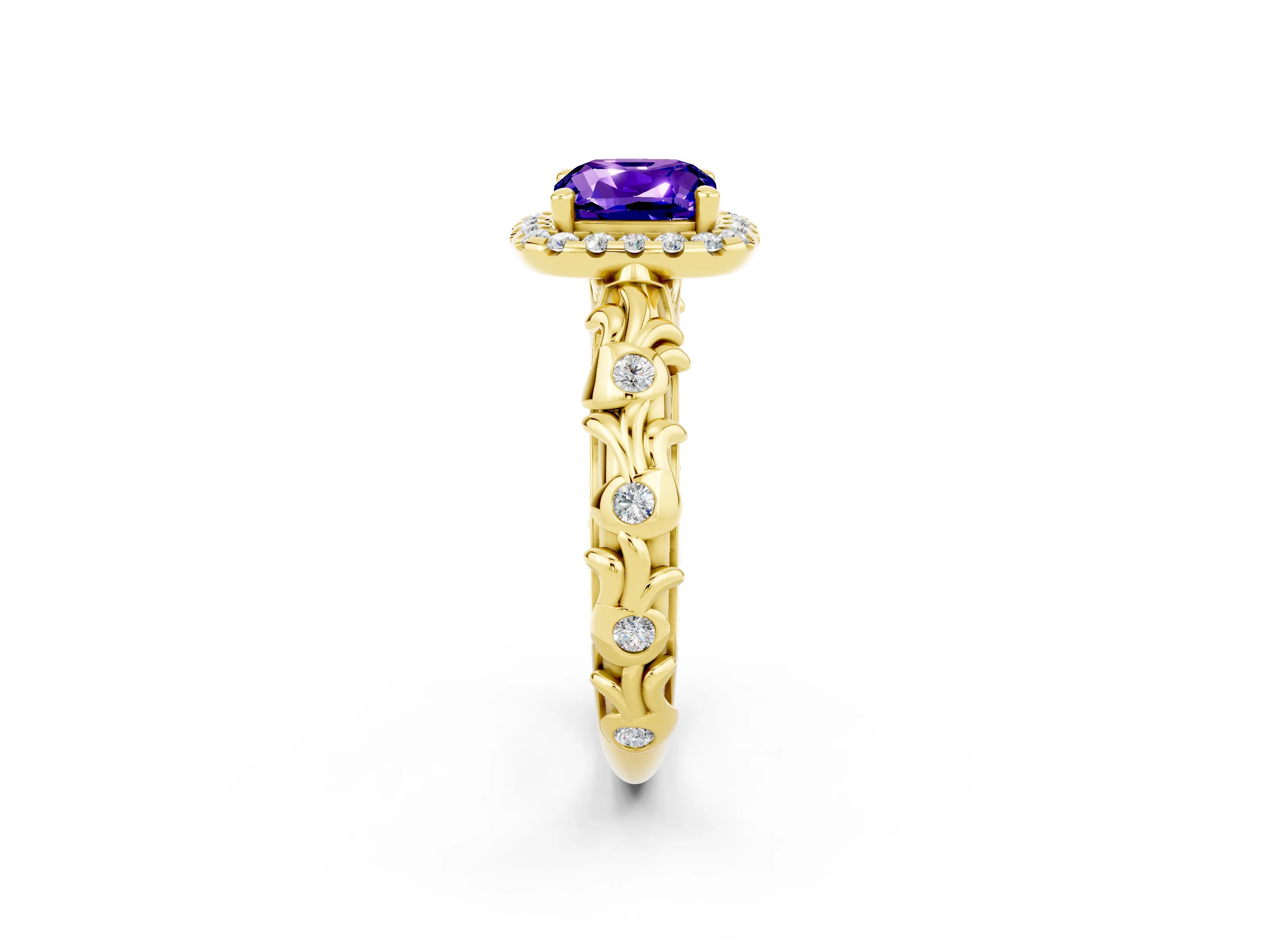 Yellow gold Cushion Cut Halo Diamond Solitaire with Filigree Band and Four-Prong Setting_2