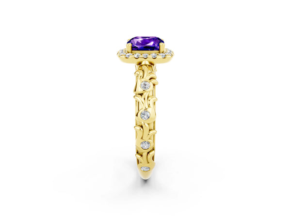 Yellow gold Cushion Cut Tanzanite Halo Ring with Filigree Band and Prong Setting