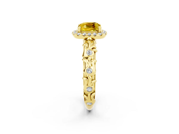 Yellow gold Cushion Cut Yellow Sapphire Halo Ring with Filigree Band and Prong Setting