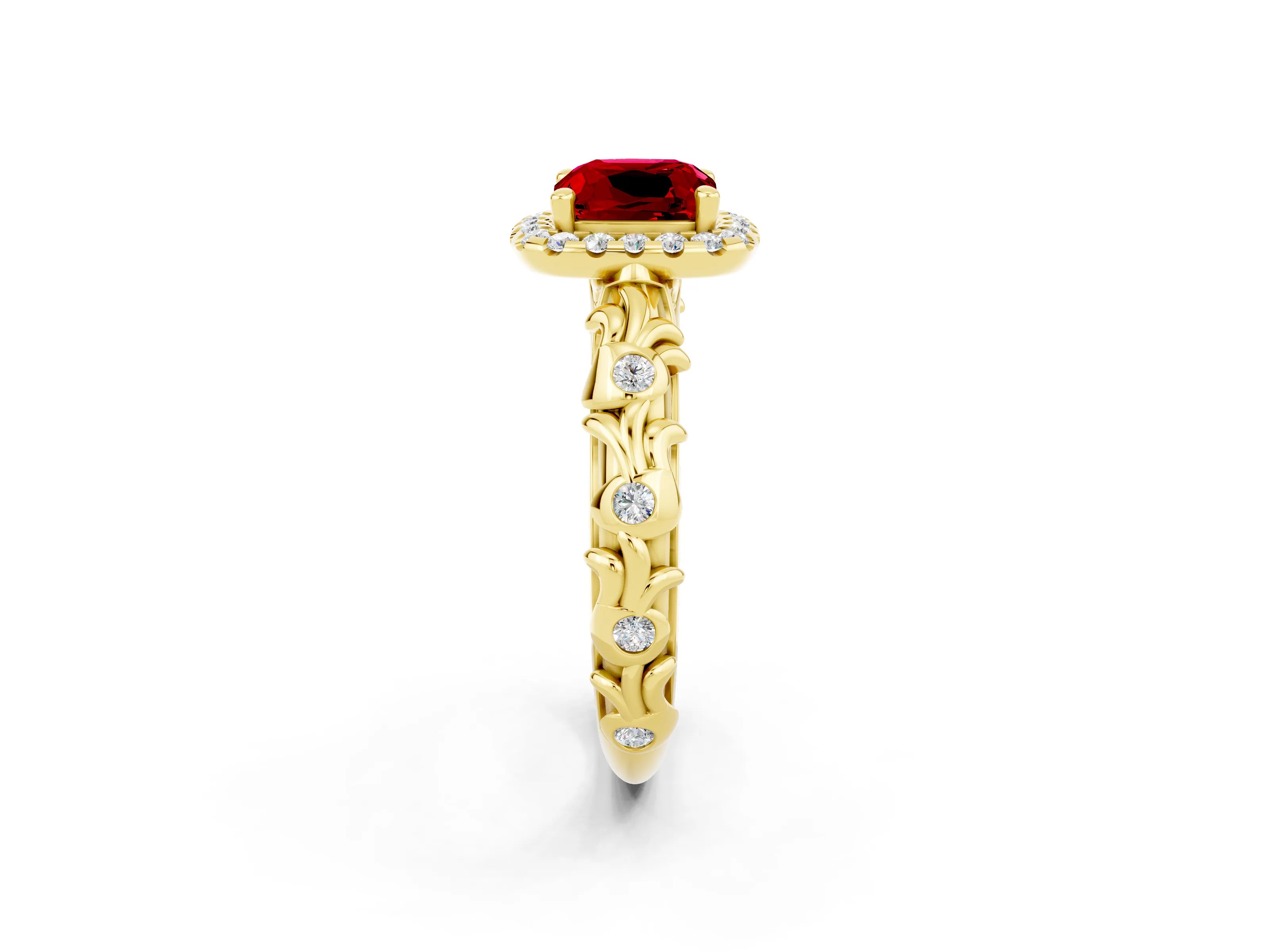 Yellow gold Cushion Cut Halo Diamond Solitaire with Filigree Band and Four-Prong Setting_2