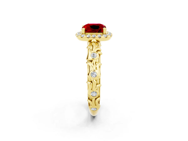 Yellow gold Cushion Cut Ruby Halo Ring with Filigree Band and Prong Setting
