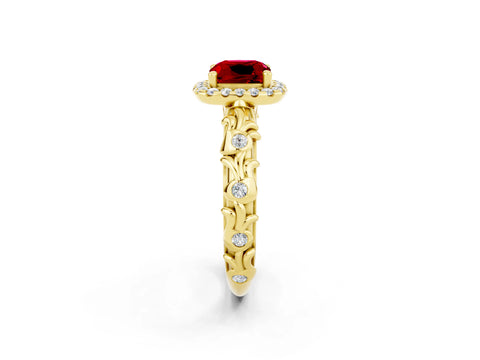 Yellow gold Cushion Cut Halo Diamond Solitaire with Filigree Band and Four-Prong Setting_2