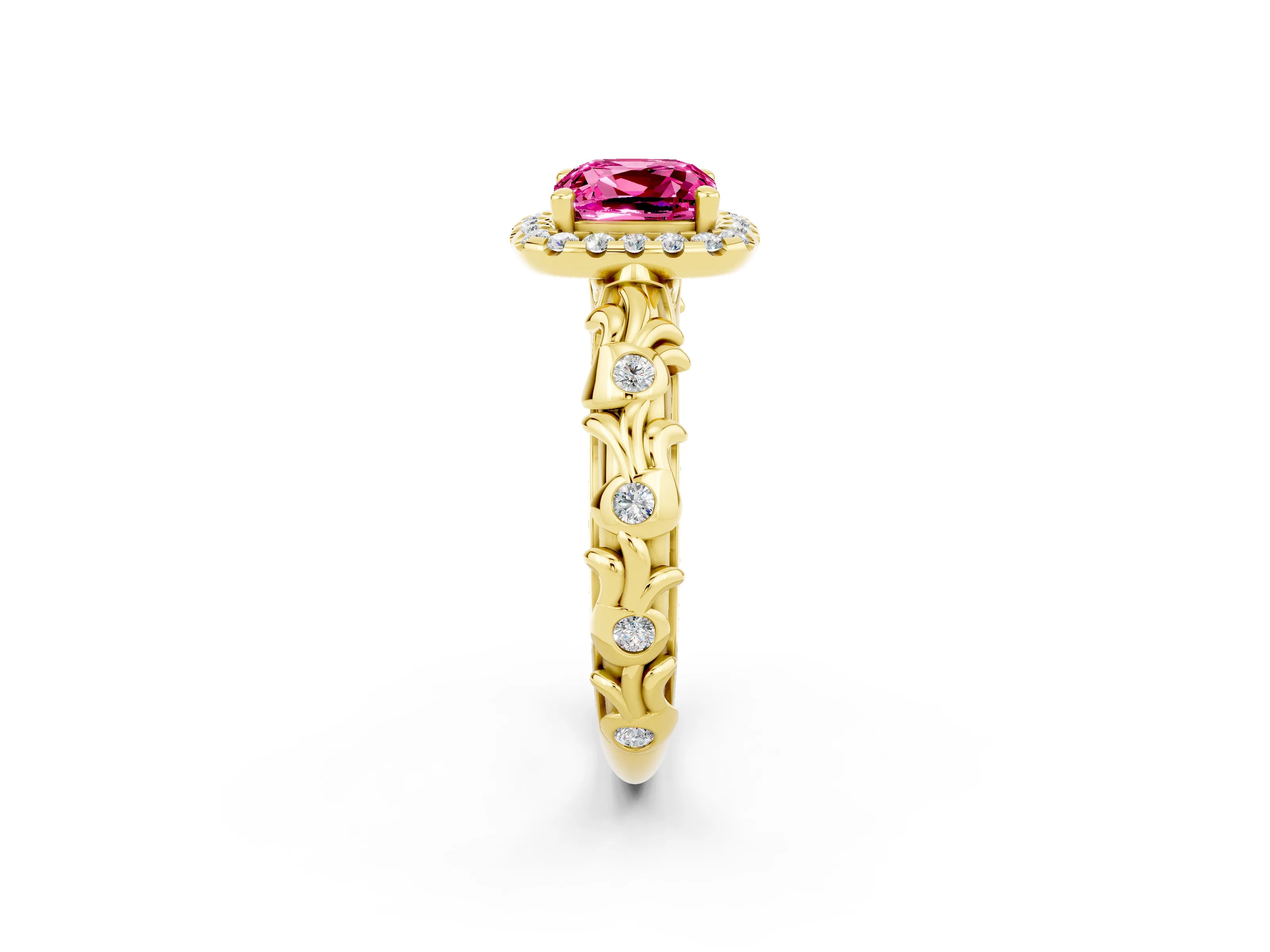 Yellow gold Cushion Cut Halo Diamond Solitaire with Filigree Band and Four-Prong Setting_2