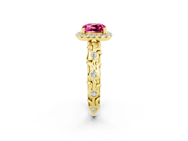 Yellow gold Cushion Cut Pink Sapphire Halo Ring with Filigree Band and Prong Setting
