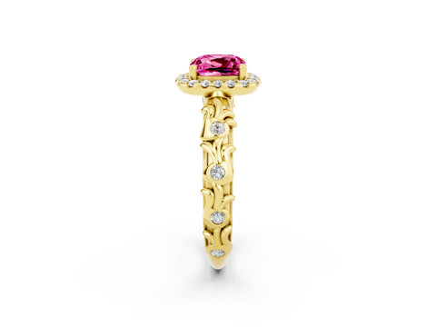 Yellow gold Cushion Cut Halo Diamond Solitaire with Filigree Band and Four-Prong Setting_2