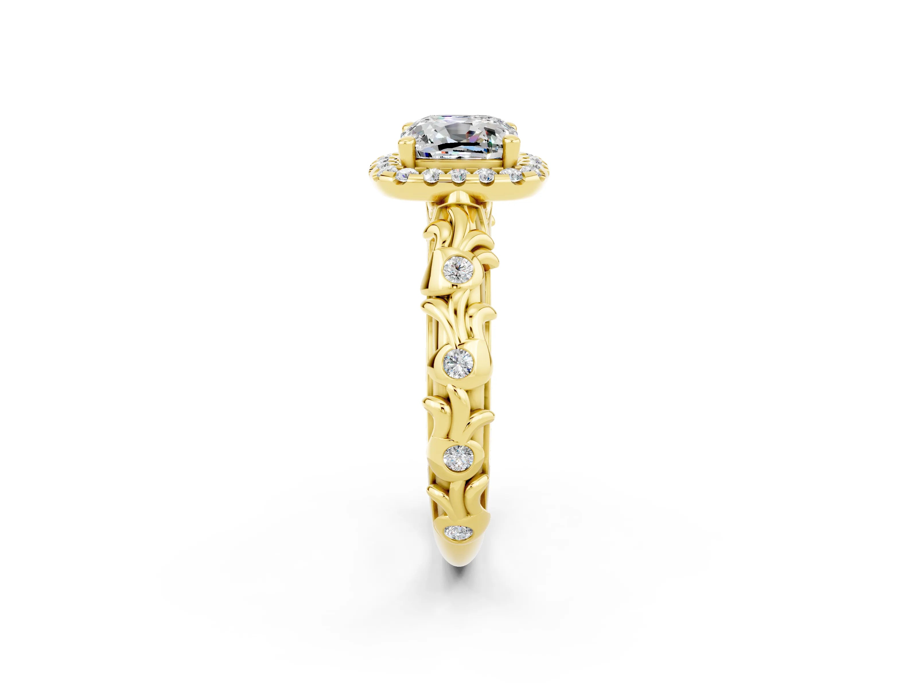 Yellow gold Cushion Cut Halo Diamond Solitaire with Filigree Band and Four-Prong Setting_2