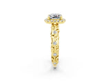 Yellow gold Cushion Cut Halo Diamond Solitaire with Filigree Band and Four-Prong Setting_2