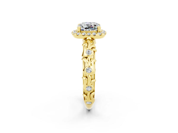 Yellow gold Cushion Cut Moissanite Halo Ring with Filigree Band and Prong Setting
