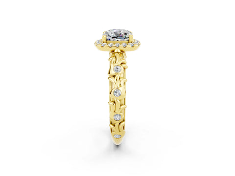 Yellow gold Cushion Cut Halo Diamond Solitaire with Filigree Band and Four-Prong Setting_2