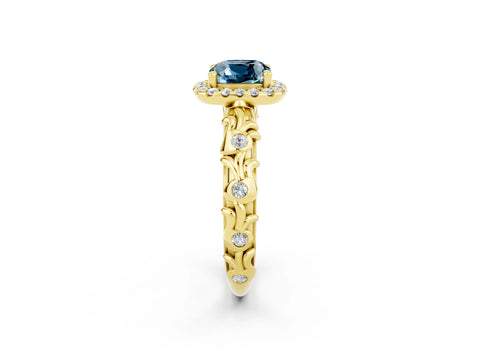 Yellow gold Cushion Cut Halo Diamond Solitaire with Filigree Band and Four-Prong Setting_2