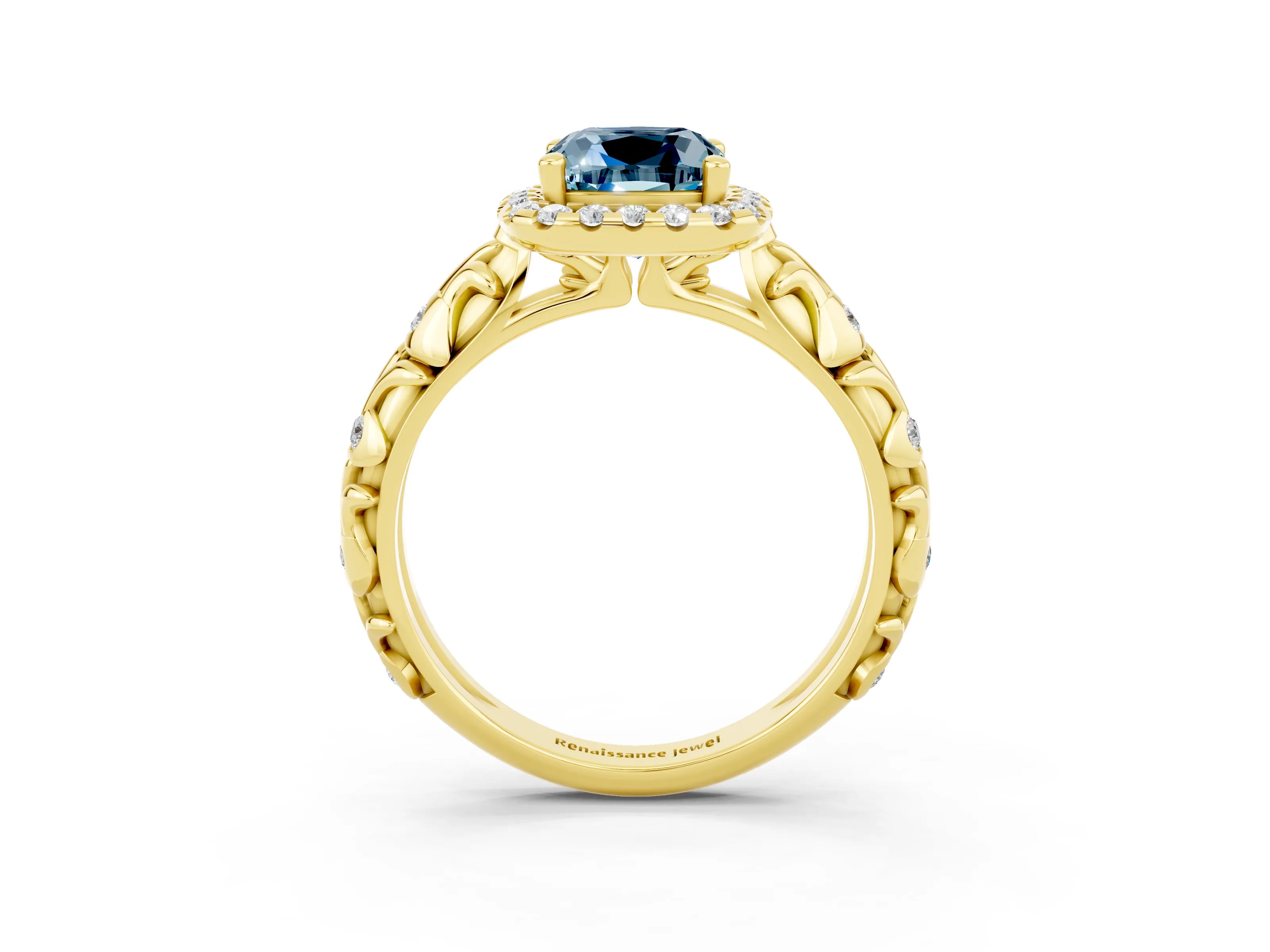 Yellow gold Cushion Cut Halo Diamond Solitaire with Filigree Band and Four-Prong Setting_3