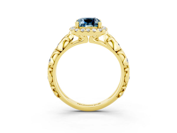 Yellow gold Cushion Cut Aquamarine Halo Ring with Filigree Band and Prong Setting