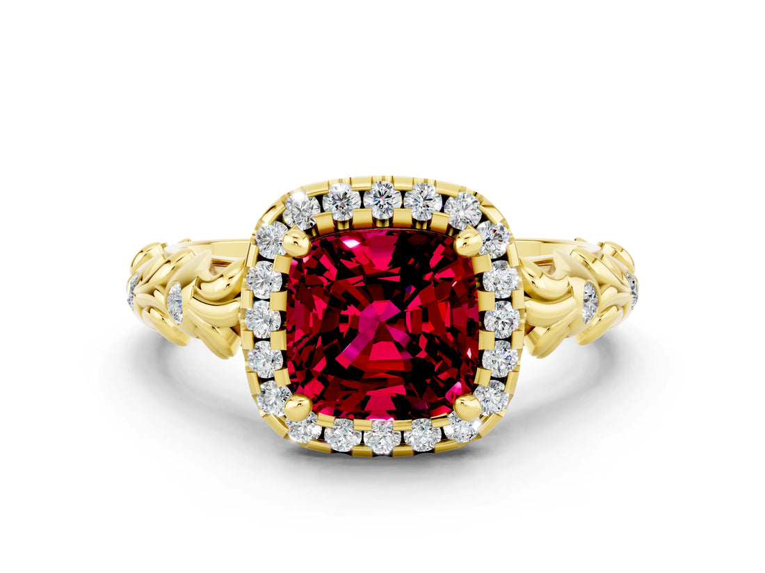 Yellow gold Cushion Cut Halo Diamond Solitaire with Filigree Band and Four-Prong Setting