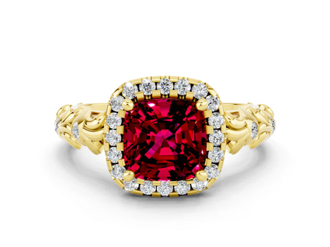 Yellow gold Cushion Cut Halo Diamond Solitaire with Filigree Band and Four-Prong Setting