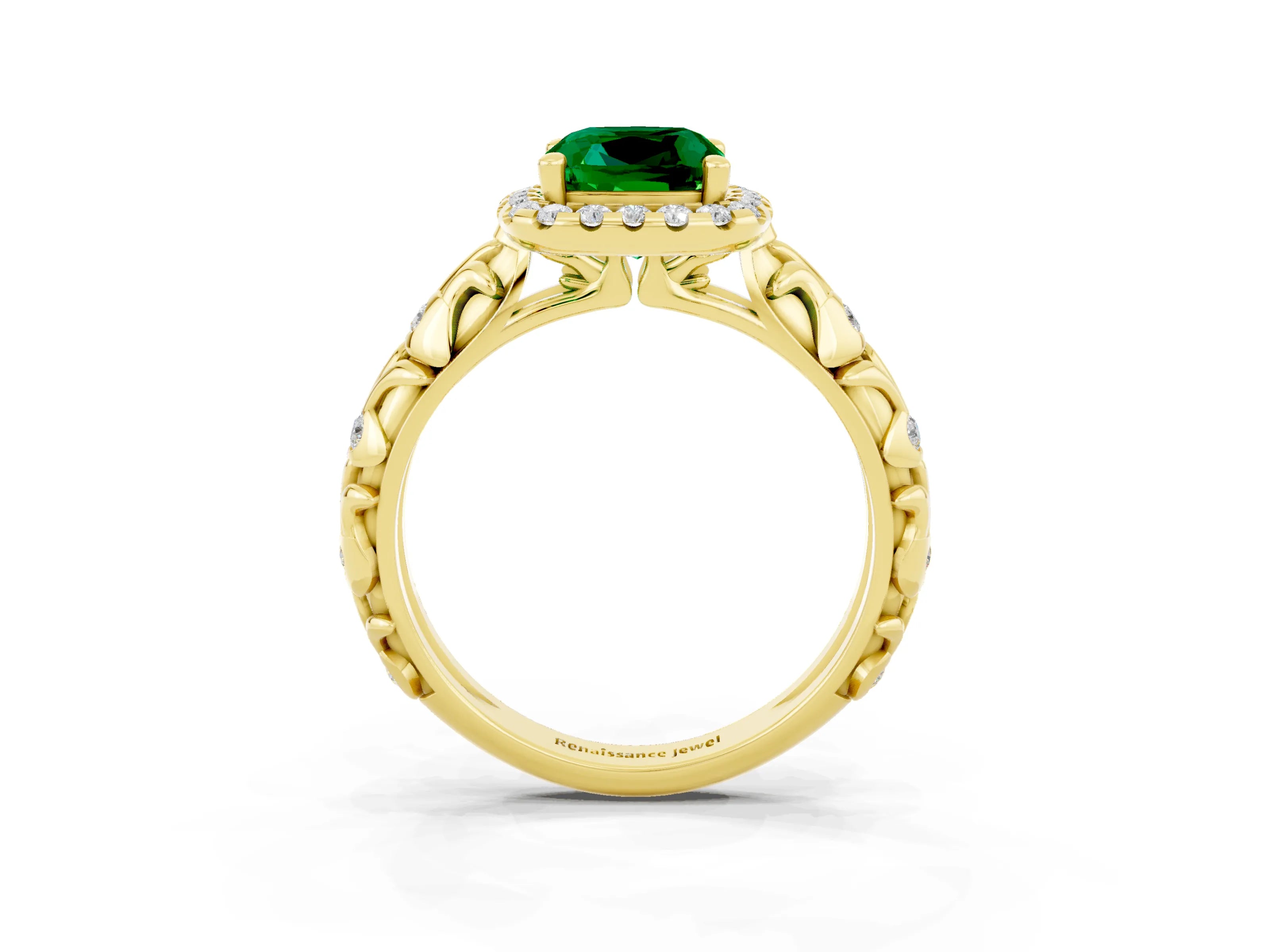 Yellow gold Cushion Cut Halo Diamond Solitaire with Filigree Band and Four-Prong Setting_3