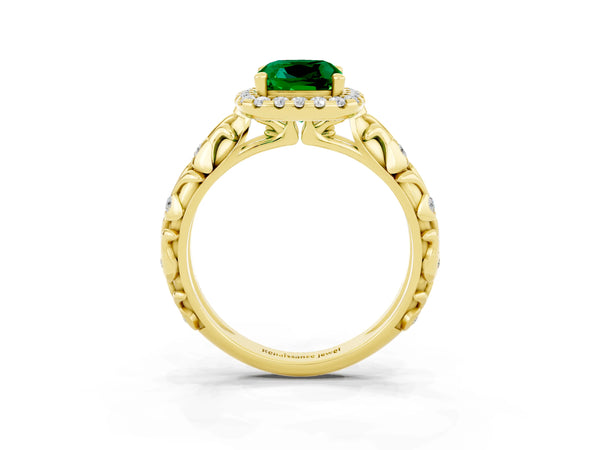 Yellow gold Cushion Cut Emerald Halo Ring with Filigree Band and Prong Setting