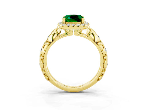 Yellow gold Cushion Cut Halo Diamond Solitaire with Filigree Band and Four-Prong Setting_3