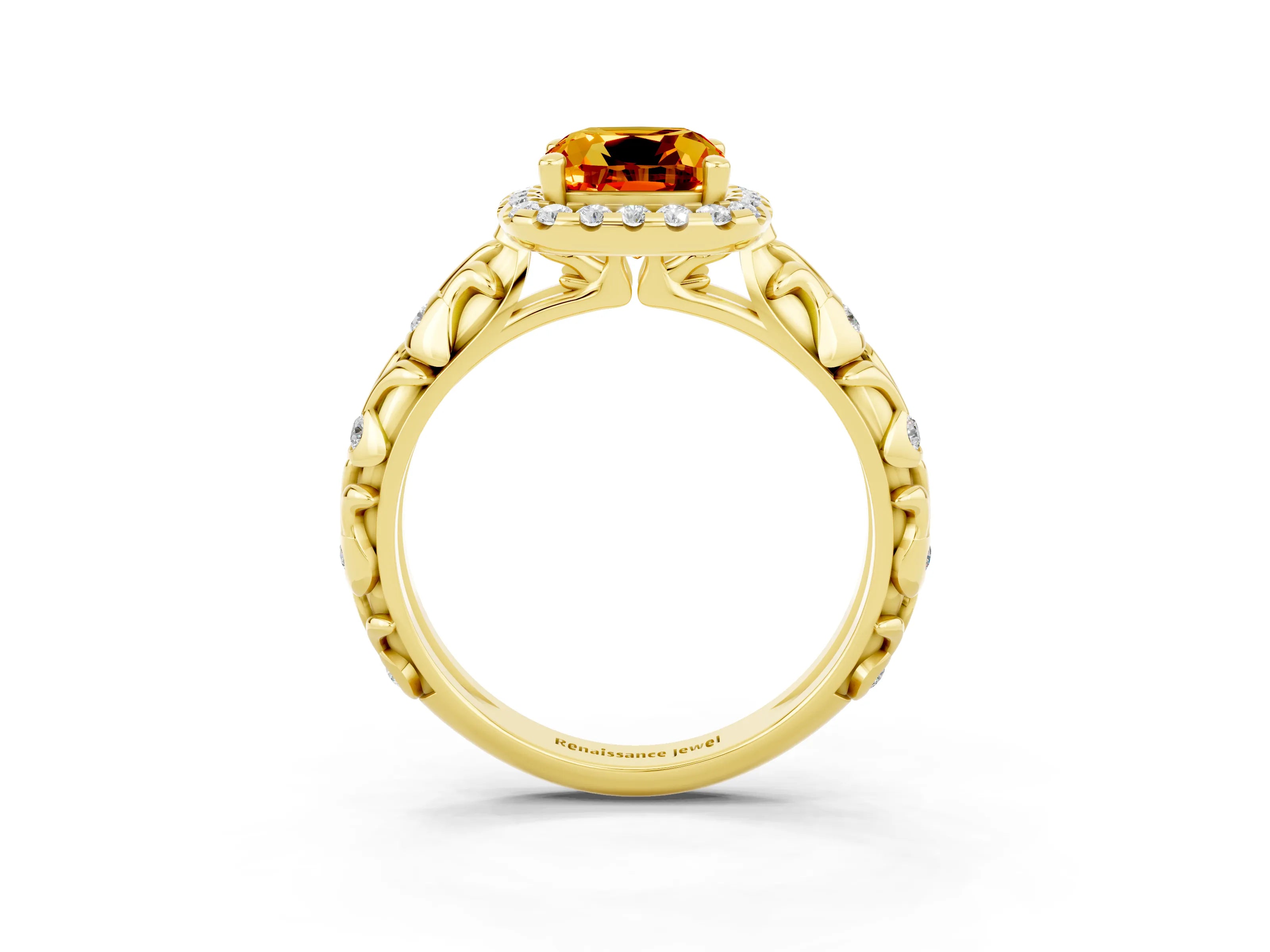 Yellow gold Cushion Cut Halo Diamond Solitaire with Filigree Band and Four-Prong Setting_3