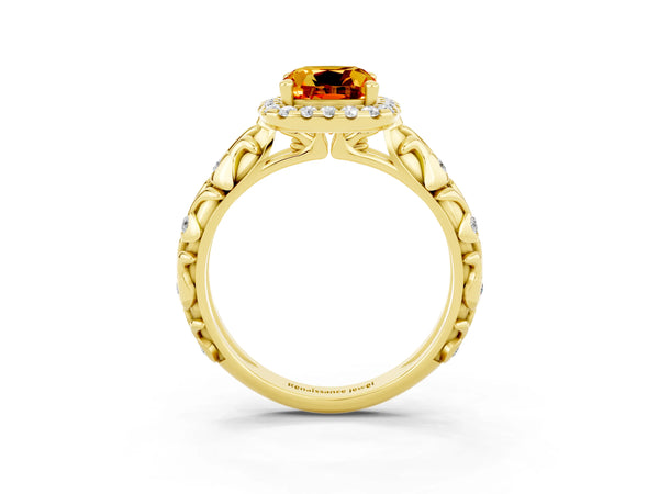 Yellow gold Cushion Cut Citrine Halo Ring with Filigree Band and Prong Setting