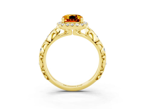 Yellow gold Cushion Cut Halo Diamond Solitaire with Filigree Band and Four-Prong Setting_3