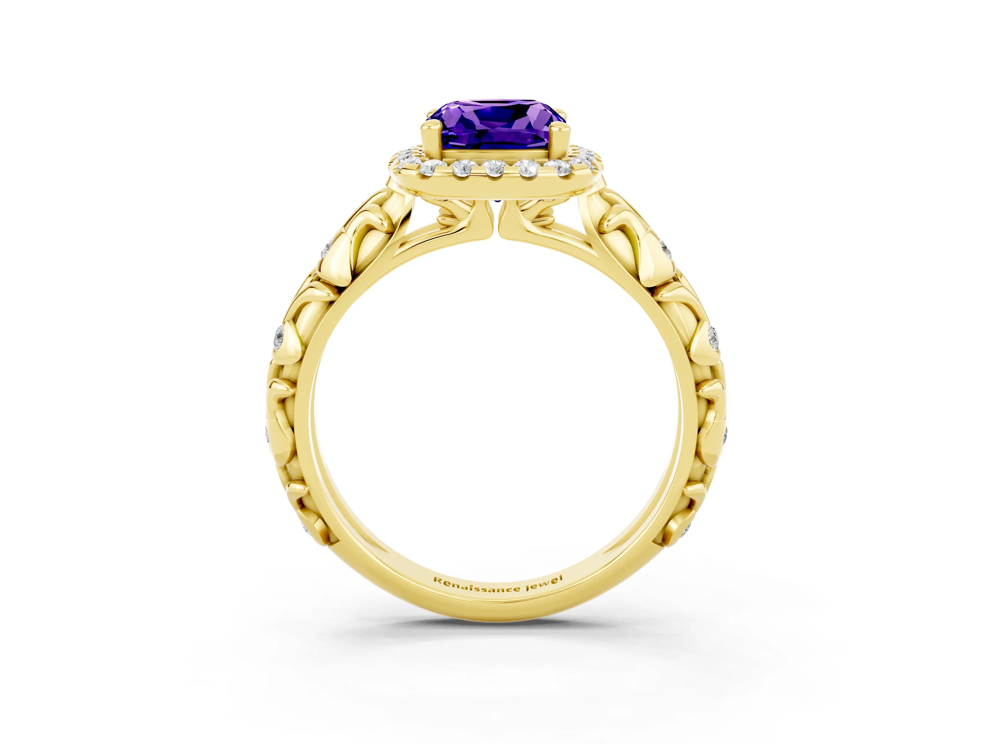 Yellow gold Cushion Cut Halo Diamond Solitaire with Filigree Band and Four-Prong Setting_3