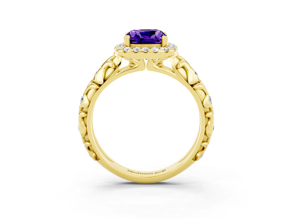 Yellow gold Cushion Cut Tanzanite Halo Ring with Filigree Band and Prong Setting