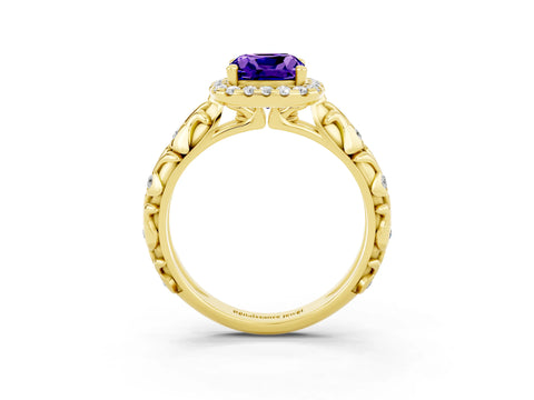 Yellow gold Cushion Cut Halo Diamond Solitaire with Filigree Band and Four-Prong Setting_3