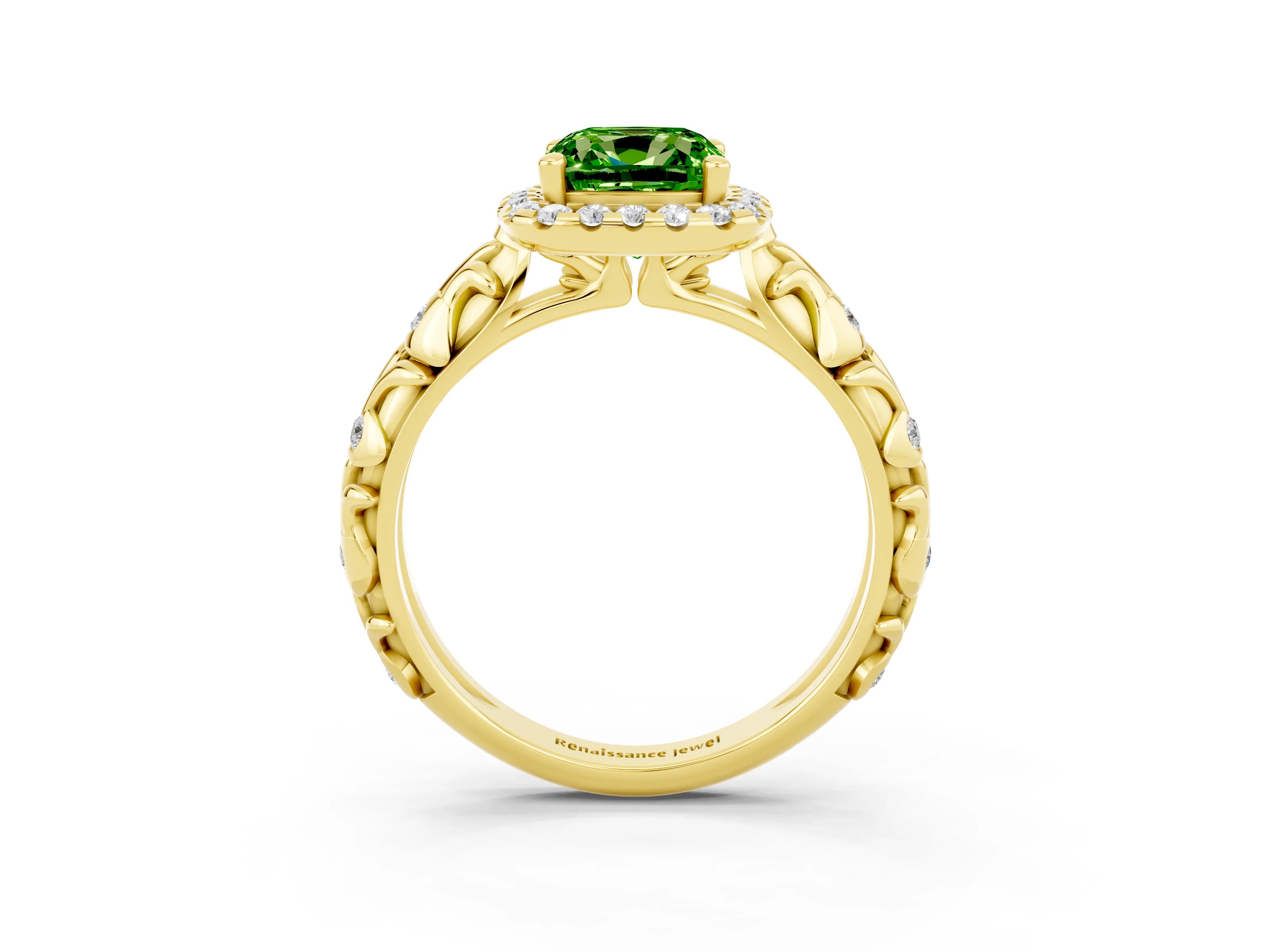 Yellow gold Cushion Cut Halo Diamond Solitaire with Filigree Band and Four-Prong Setting_3