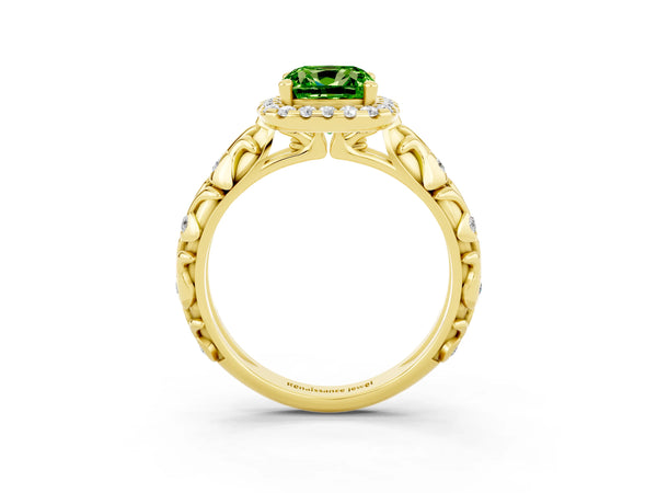 Yellow gold Cushion Cut Peridot Halo Ring with Filigree Band and Prong Setting