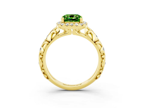 Yellow gold Cushion Cut Halo Diamond Solitaire with Filigree Band and Four-Prong Setting_3