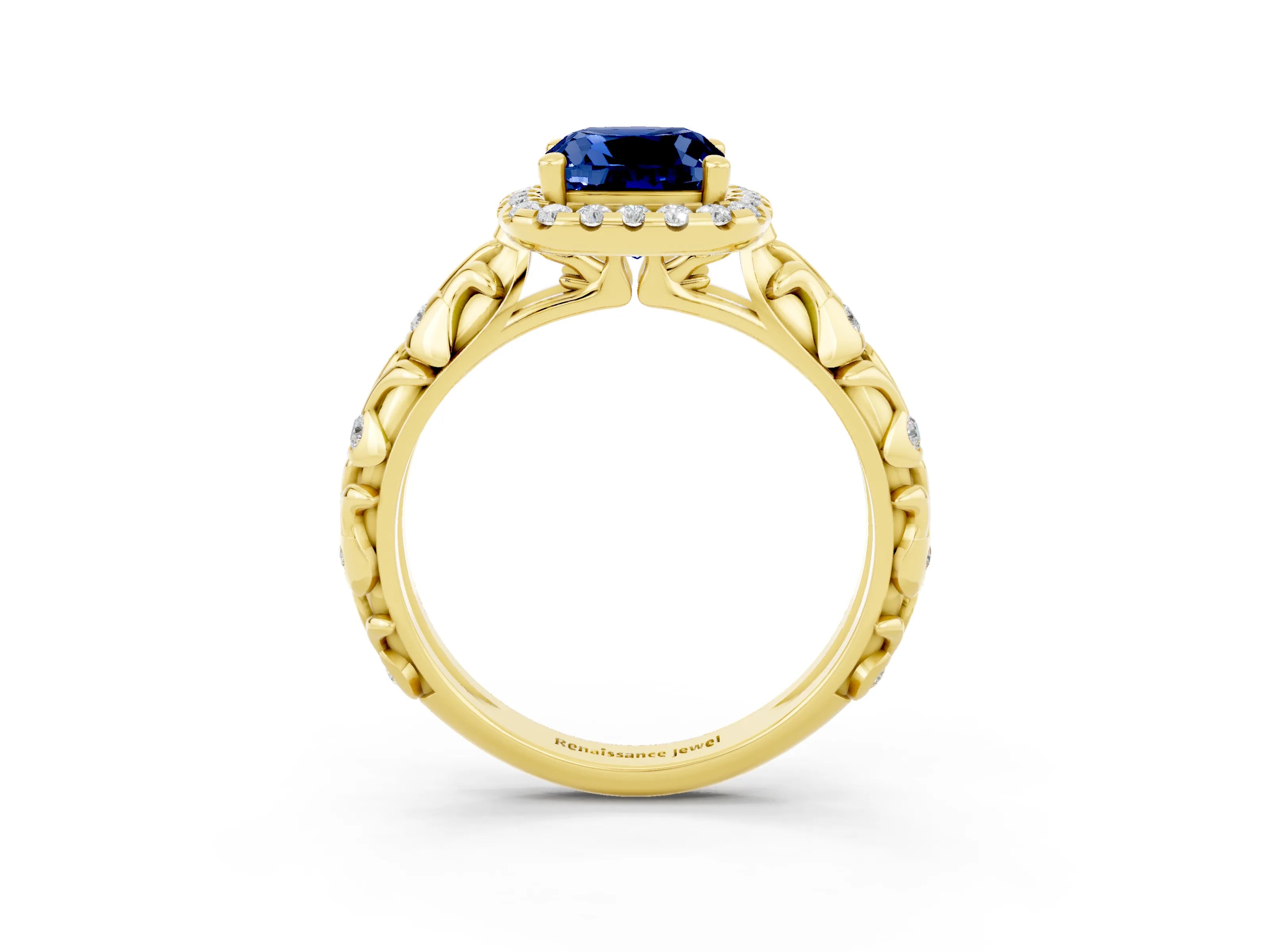 Yellow gold Cushion Cut Halo Diamond Solitaire with Filigree Band and Four-Prong Setting_3