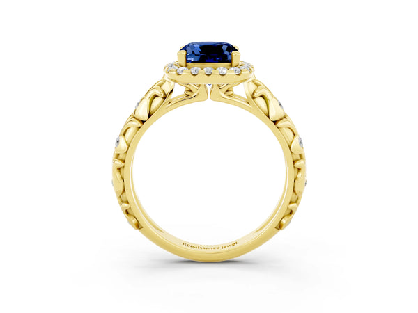 Yellow gold Cushion Cut Blue Sapphire Halo Ring with Filigree Band and Prong Setting