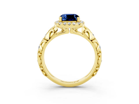 Yellow gold Cushion Cut Halo Diamond Solitaire with Filigree Band and Four-Prong Setting_3