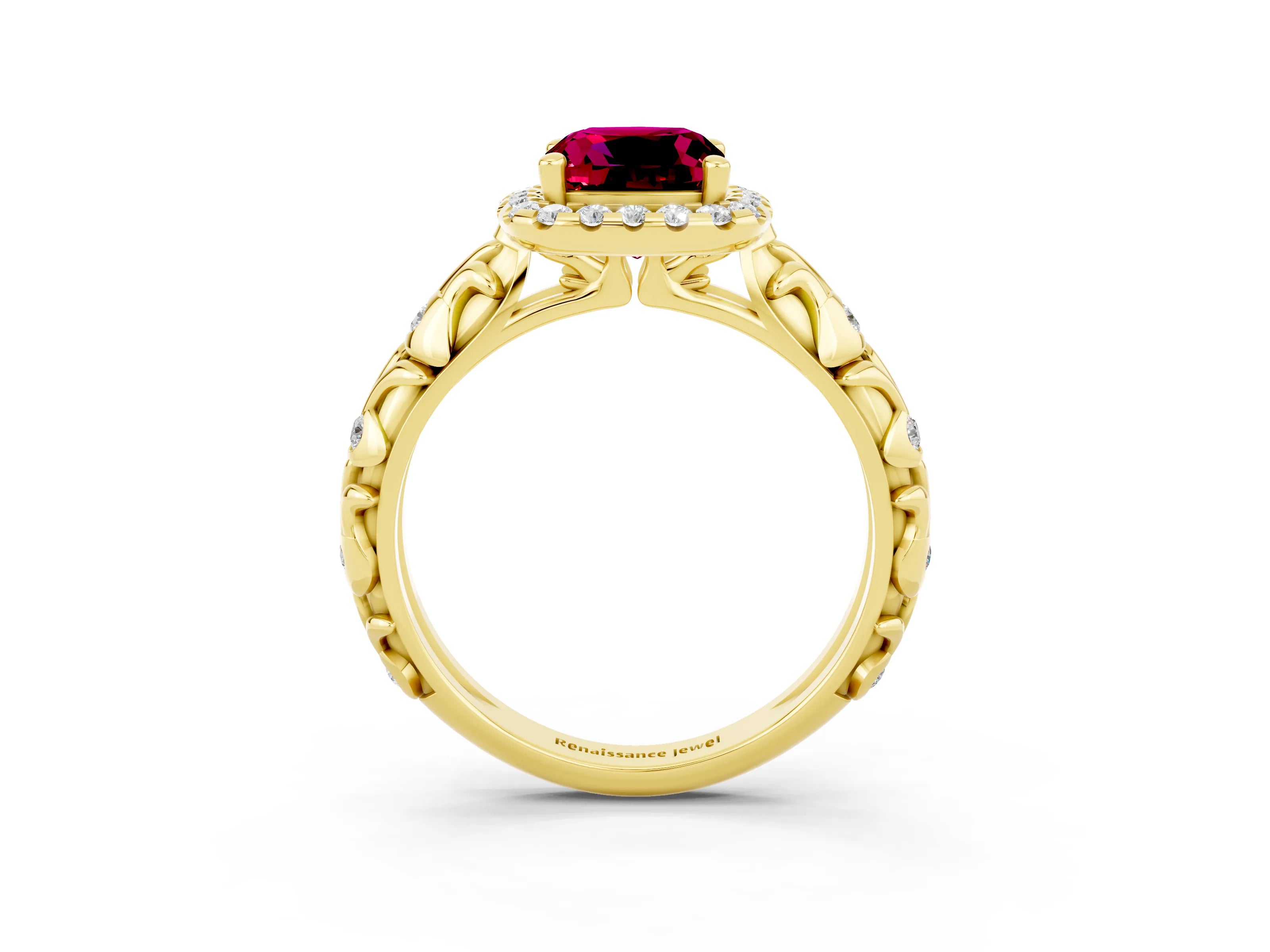 Yellow gold Cushion Cut Halo Diamond Solitaire with Filigree Band and Four-Prong Setting_3