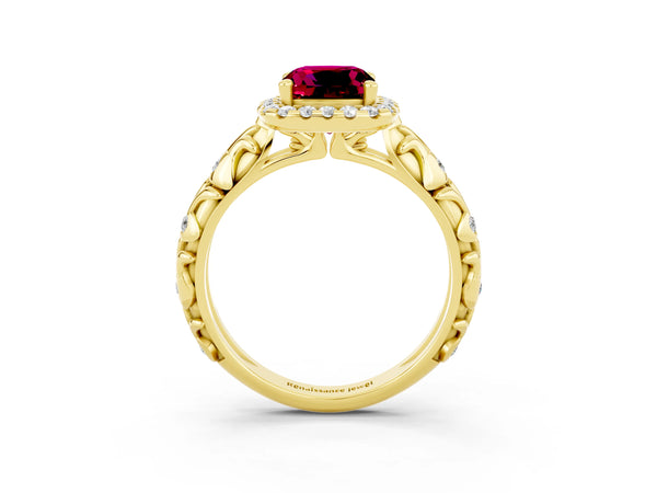 Yellow gold Cushion Cut Garnet Halo Ring with Filigree Band and Prong Setting