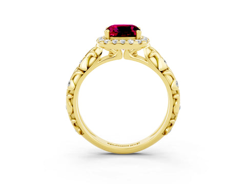 Yellow gold Cushion Cut Halo Diamond Solitaire with Filigree Band and Four-Prong Setting_3
