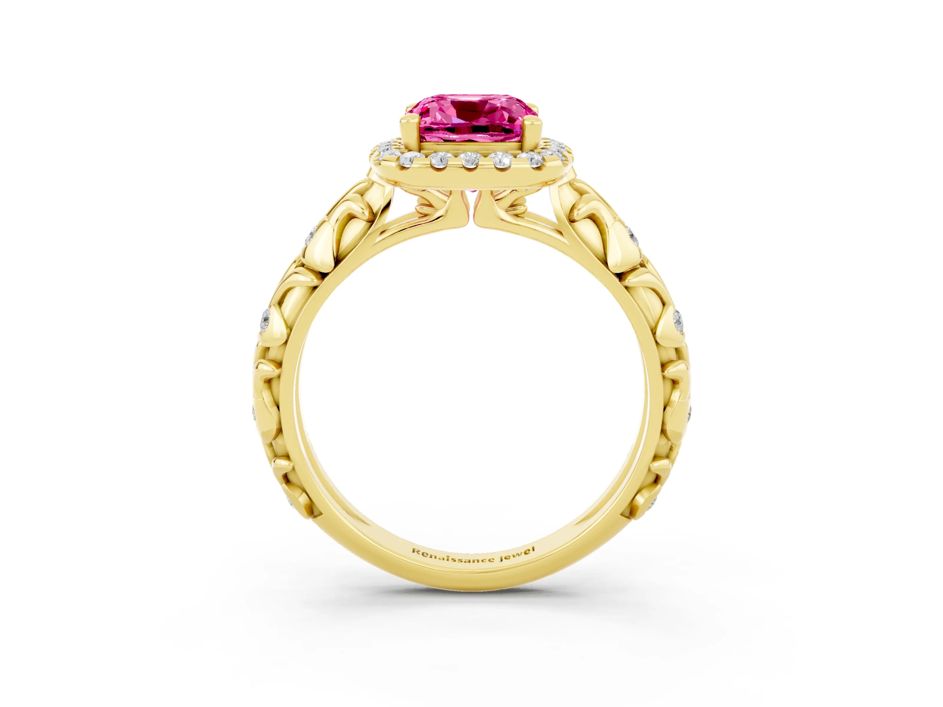 Yellow gold Cushion Cut Halo Diamond Solitaire with Filigree Band and Four-Prong Setting_3